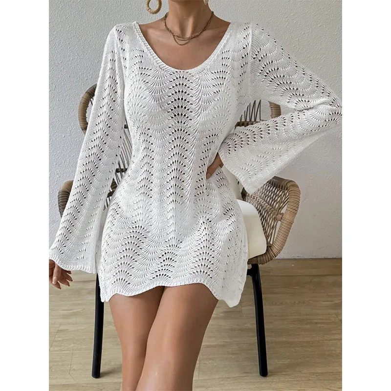 Vestido bodycon de manga comprida com decote em V solto para férias na praia