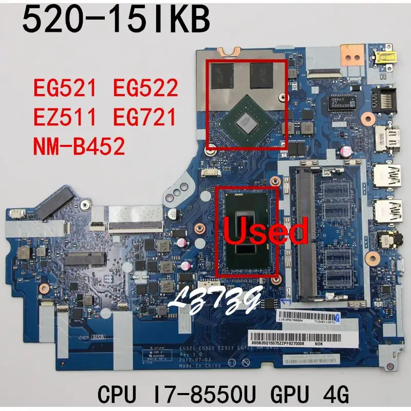 

NM-B452 For Lenovo ideapad 520-15IKB Laptop Motherboard mainboard CPU I7-8550U GPU 4G FRU 5B20Q15575