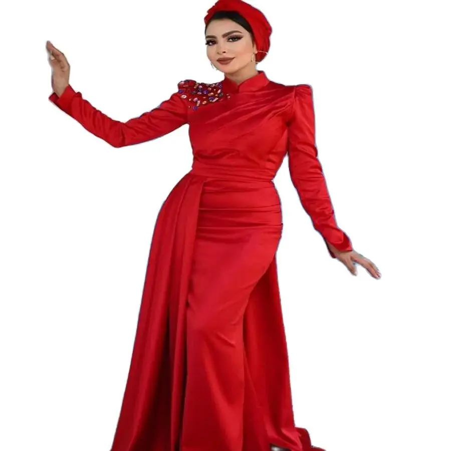 Middle East Red Muslim Evening Dress Elegant Mermaid Long Sleeve Arabic Prom Dresses With Train Formal Party Gown Customized