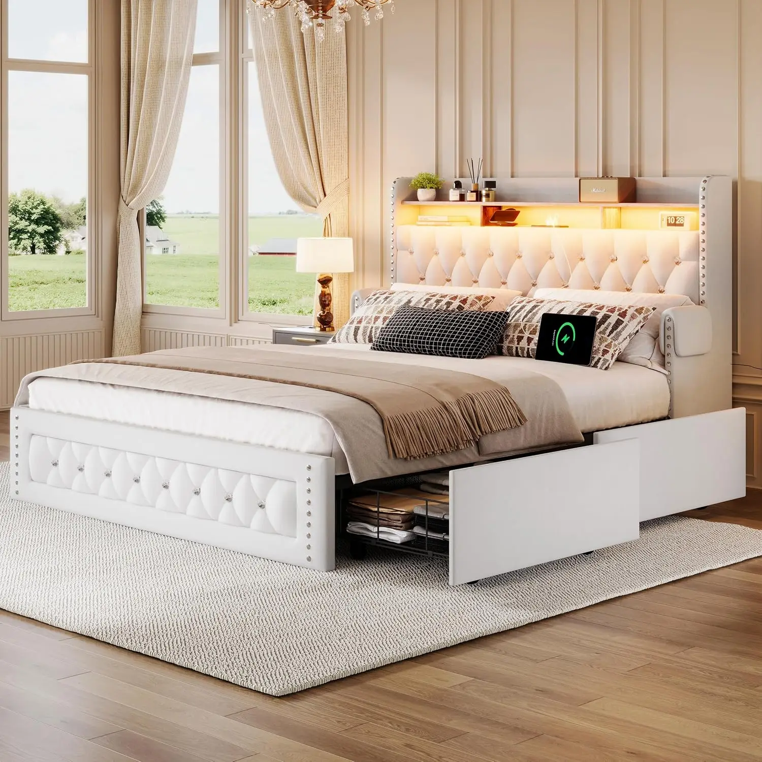 Queen Size Bed Frame with 4 Storage Drawers,Velvet Upholstered Queen Platform Bed with Charging Station and Storage, Customized - view 3