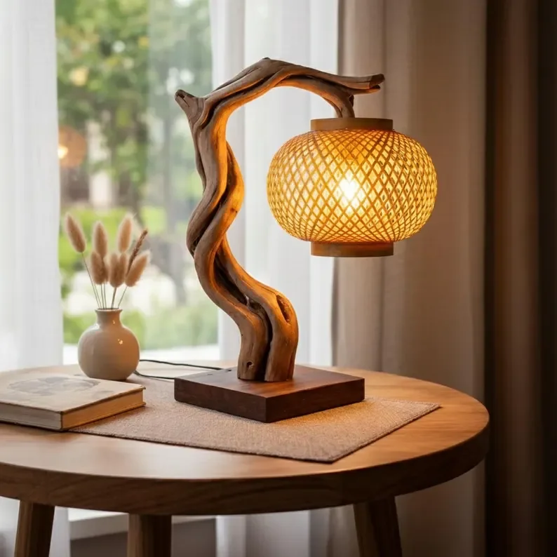 

！@Bulk Order Engraved Wood Branch Craft Lamp with Natural Rattan Shade H60cm Freestanding Table Lighting for Commercial Use