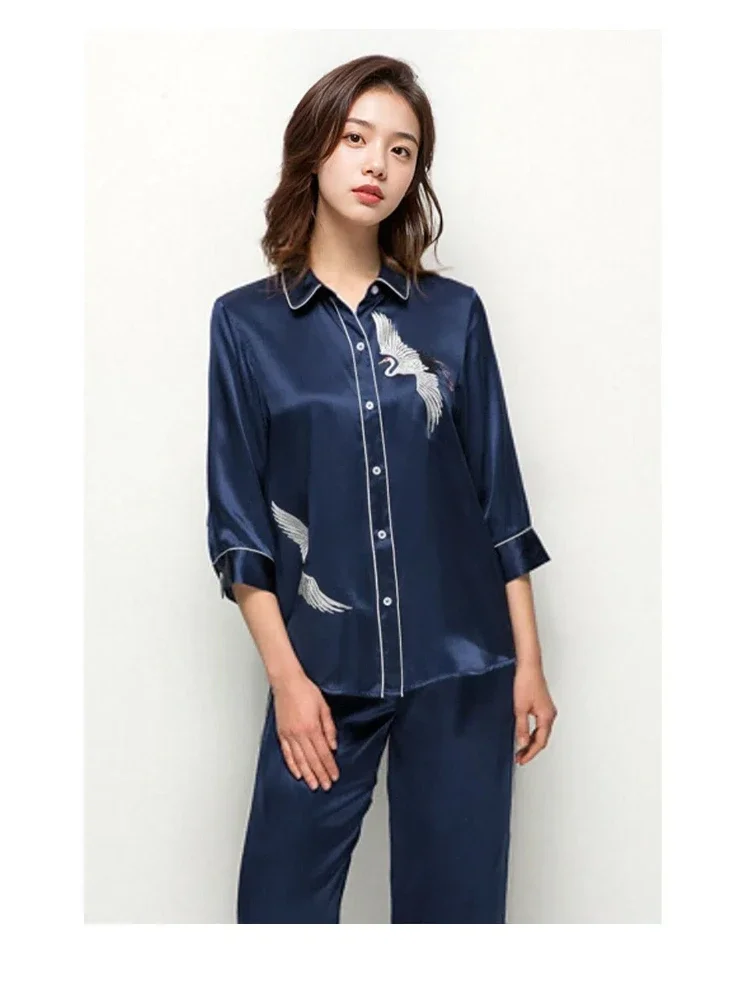 Pure Mulberry Silk Pajama Set Ladies Cardigan Long Sleeve Trousers Crane Embroidery Homewear Fall Winter 2pcs Elegant Pajamas