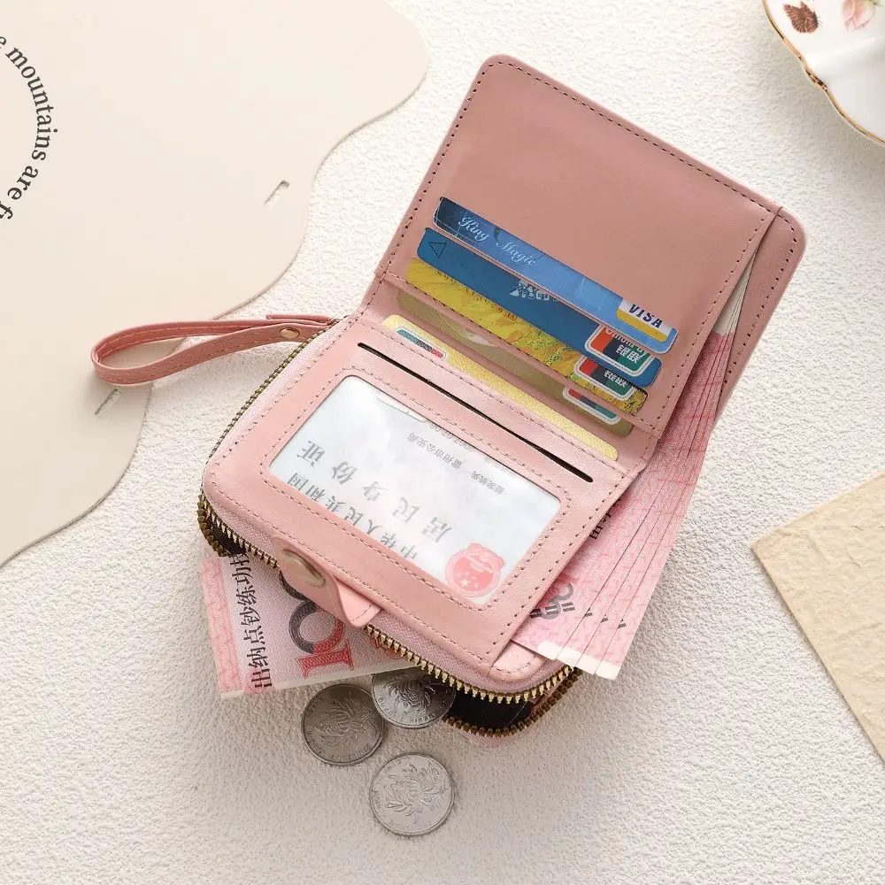 Fashion Carrying Strap Short Wallet PU Leather Large Capacity ID Card Holder Lightweight Coin Purse