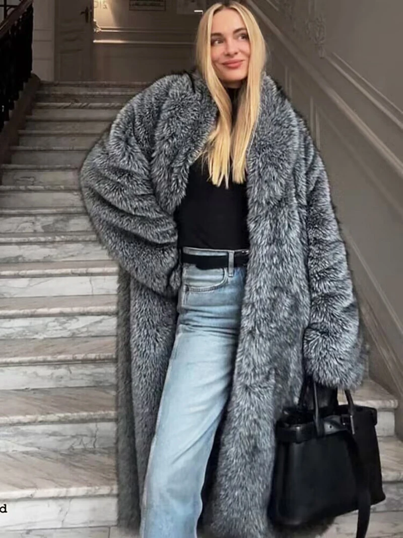 ZADORIN Fashion Long Style Faux Fox Fur Coat Woman Lapel Fluffy Faux Fur Jackets Autumn Winter Eco Fur Faux Coat Female Overcoat