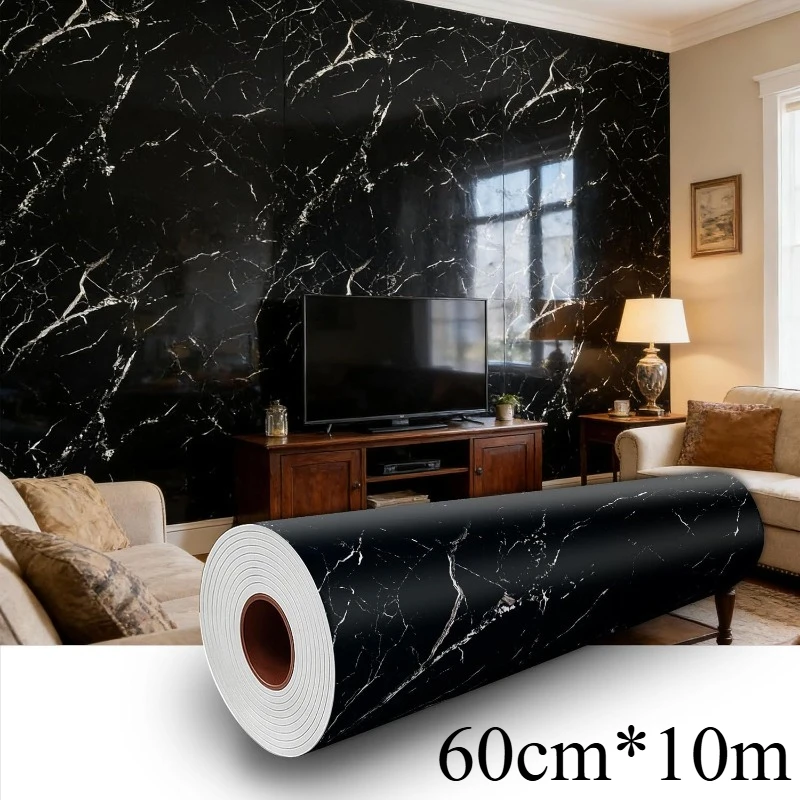 60cm*10m Błyszcząca Czarna Marmurowa Folia Samoprzylepna z Winylu, Dekoracyjna Folia do Kuchni, Łazienki, Blatów, Biurek, Szafek, Łatwa w Aplikacji, Zdejmowalna Tapeta