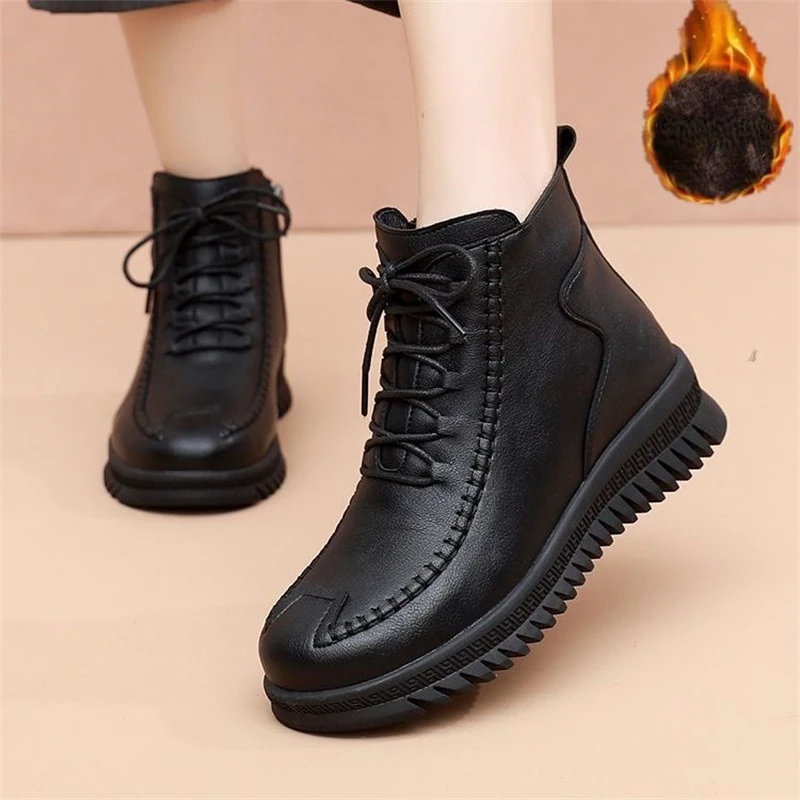 Winter Ankle Boots Women Warm Shoes Fashion PU Leather Plus Plush for Warmth Snow Boots Ladies Flats Antiskid Botins Footwear