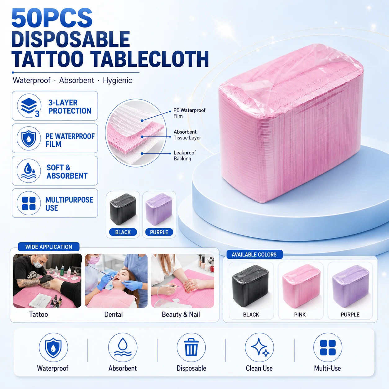 50PCS Toalhas Descartáveis para Tatuagem, Protetores Impermeáveis Absorventes de 3 Camadas para Estúdio de Tatuagem e Salão de Beleza
