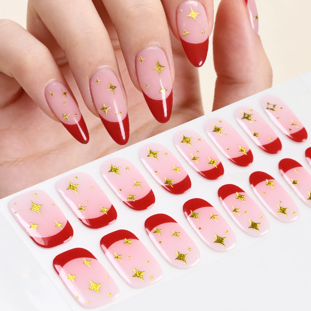 1 hoja - 16 puntas, pegatinas de gel UV para uñas sin necesidad de hornear, diseño de cielo estrellado francés con líneas irregulares de lámina dorada, cubierta completa para uñas.