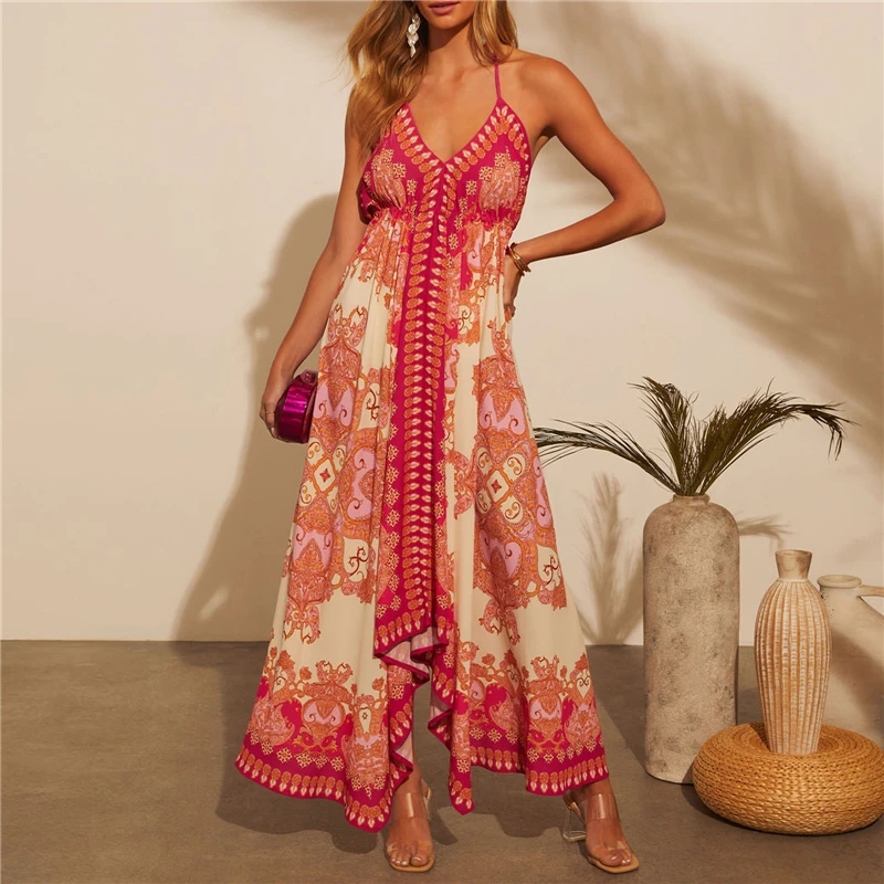 Summer Halter Stylish Floral Print V Neck Sleeveless Loose Fit Long Dresses Sexy Elegant Party Dresses Red Women's Clothing