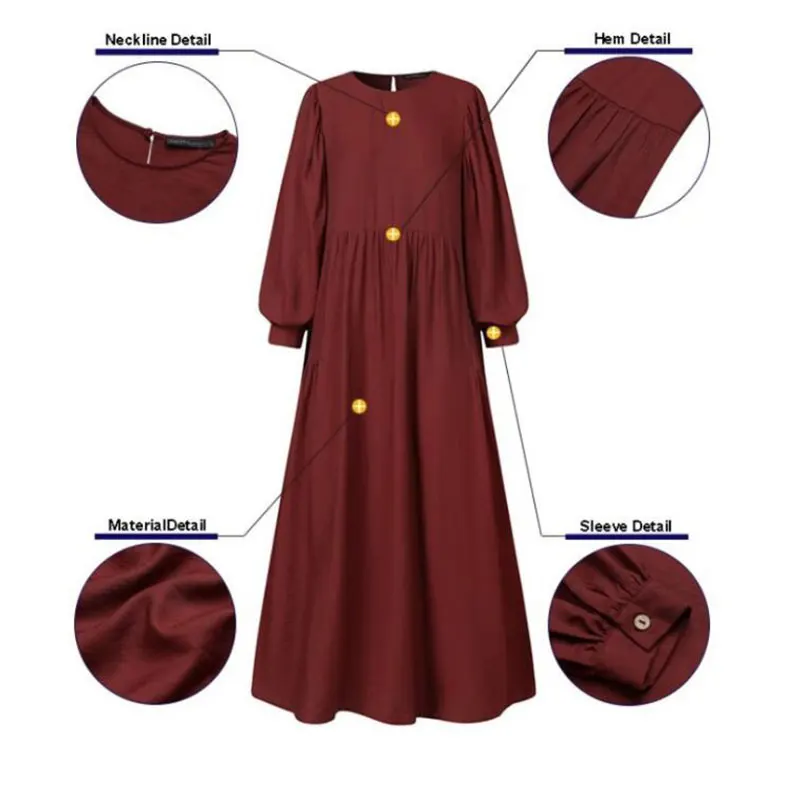 

New Solid Color Round Neck Lantern Sleeves Pleated Middle East Muslim Dress Loose And Comfortable Casual Islamic Women's Abaya