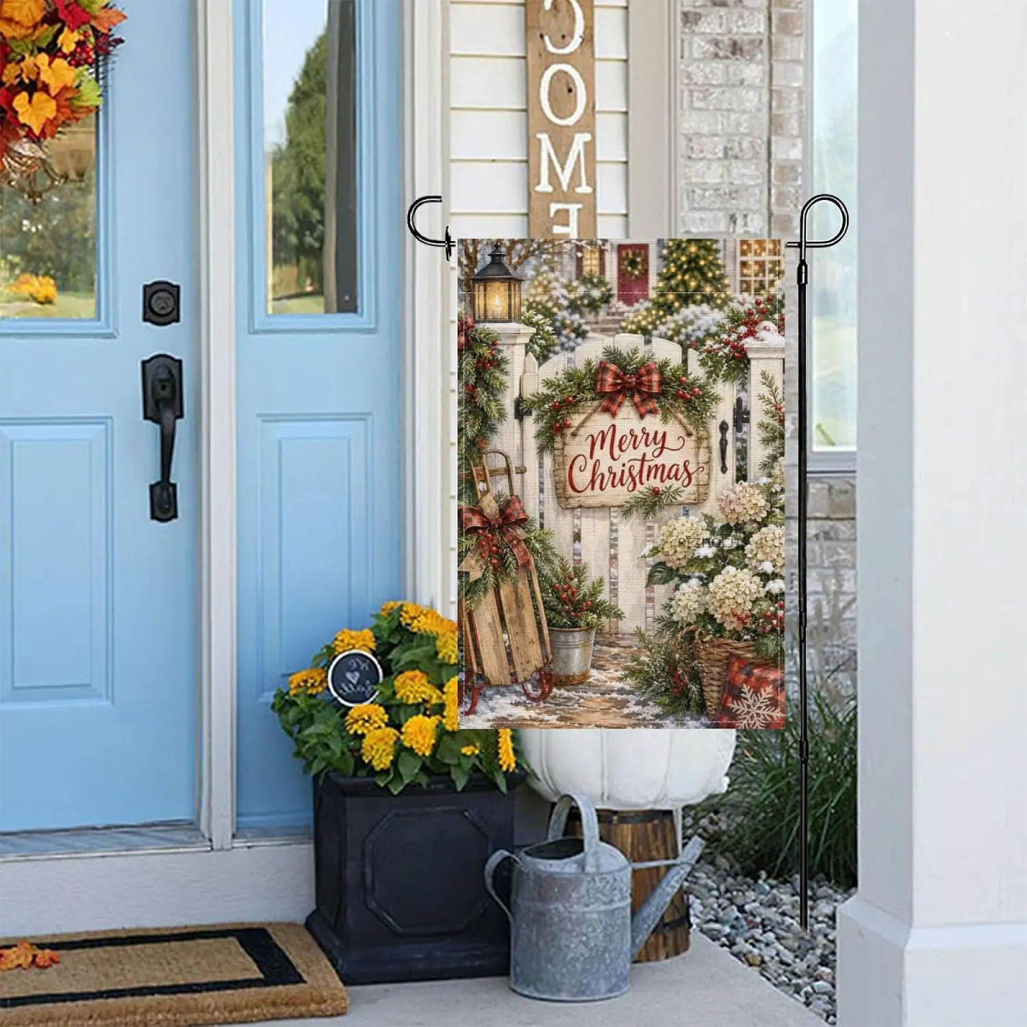 Christmas Gate Garden Flag 12x18 Inch White Picket Fence Merry Christmas Sign Sled Hydrangea Pine Garland Snowy Cottage Wint yyi