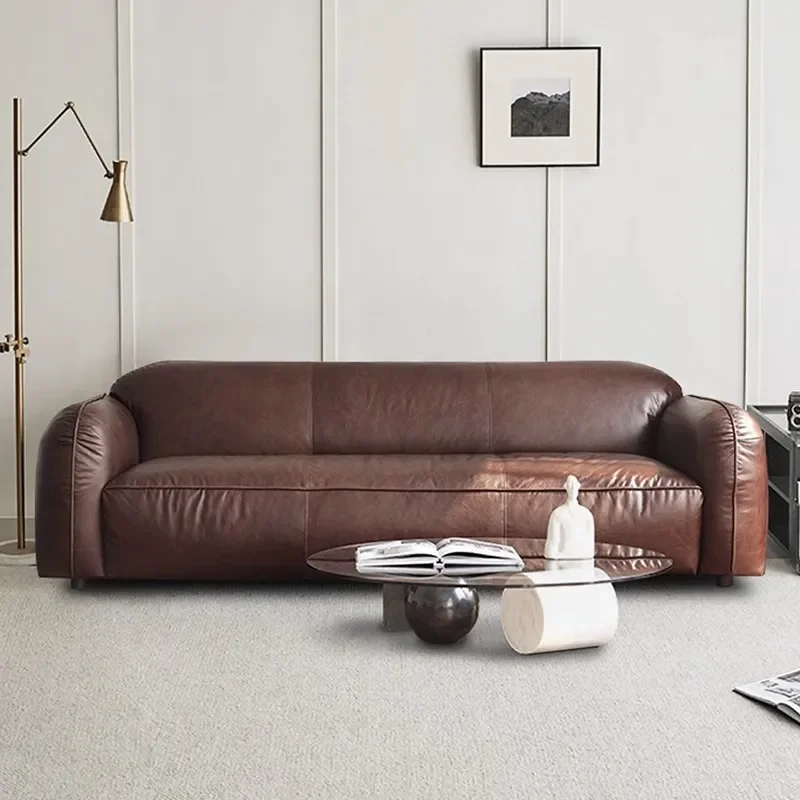 Medieval Style First Layer Leather Art Cowhide Sofa Three Person Straight Row Retro Leather Sofa Designer Living Room Small