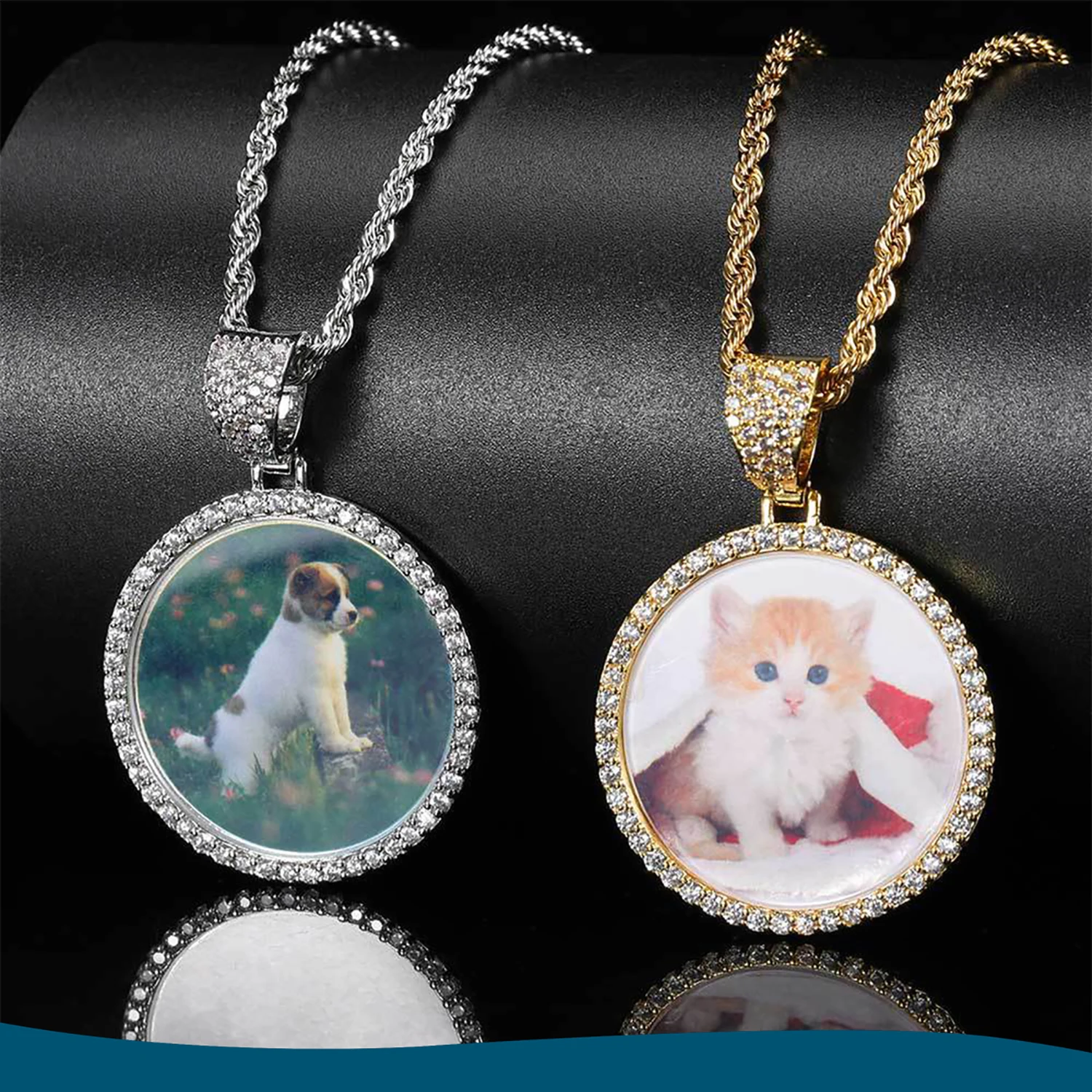 

Hip Hop Small Round Photo Pendant Trendy Brand DIY Creative Photo Frame Zircon Pendant Men's Necklace