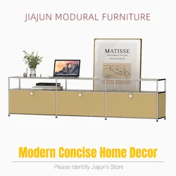 Modern Modular Low TV Cabinet|3-Tier Sideboard with Drop Doors|Steel Frame Storage Bench Unit | Minimalist Low Media Console