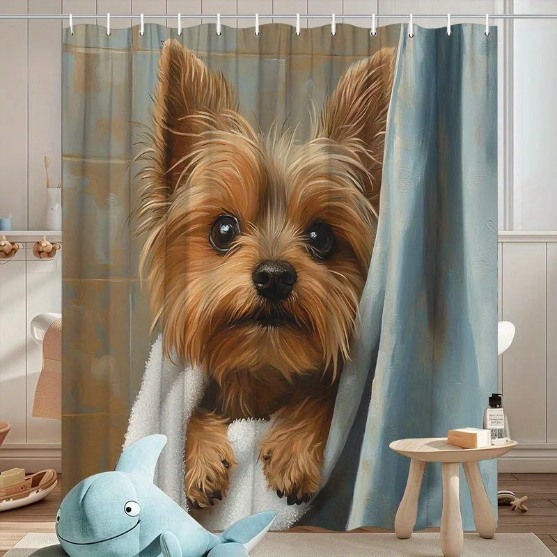 1pc Yorkshire Terrier Puppy Shower Curtain - Blue Towel, Hyper-Realistic Print, Beige Tiles, Polyester, 70.8x70.8