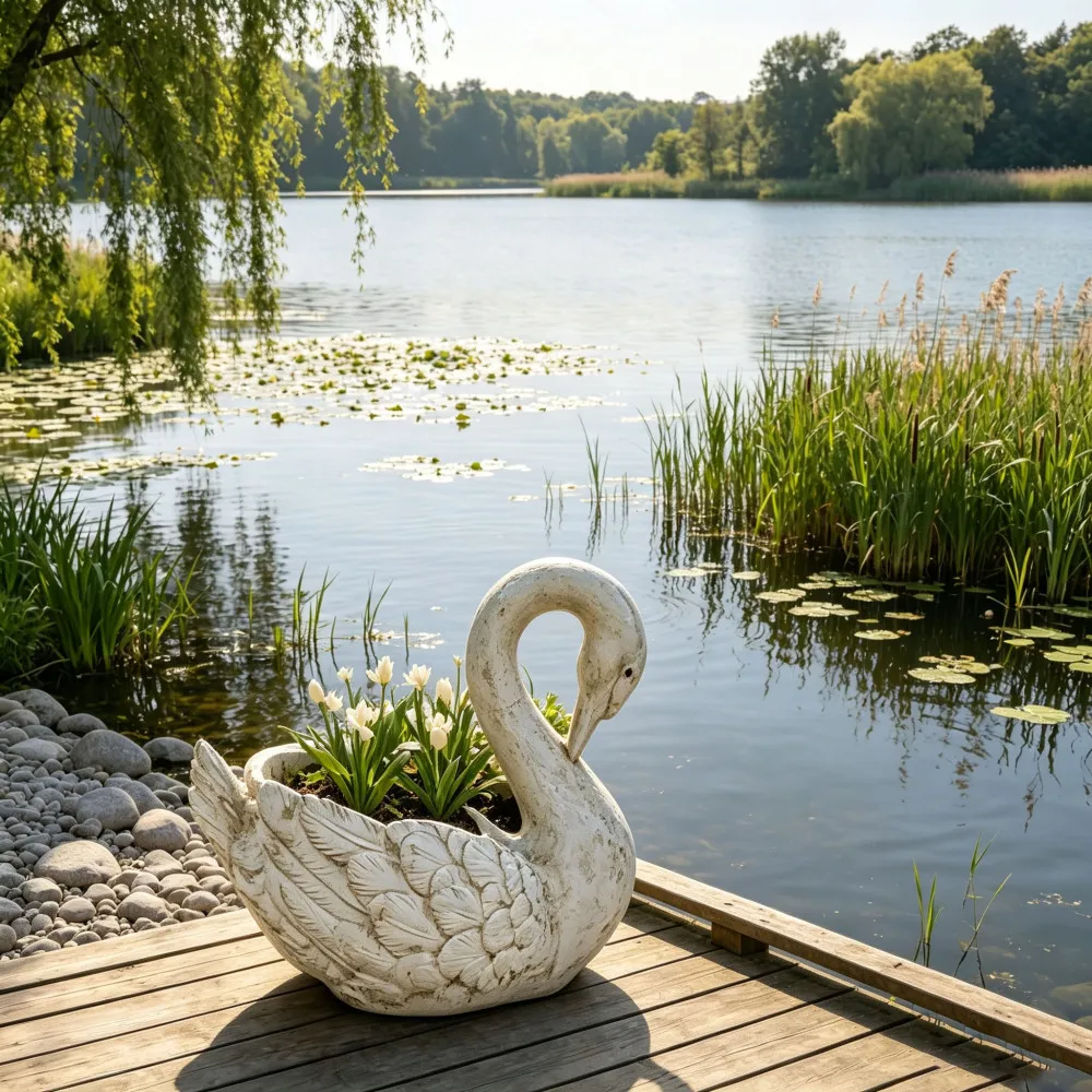 12.8'' tall Vintage White Resin Swan Planter Statue, Large Decorative Swan Flower Pot Sculpture Weatherproof Outdoor Garden Ornament for Front Yard Flower Bed, Lawn, Porch, Courtyard Landscape Decor