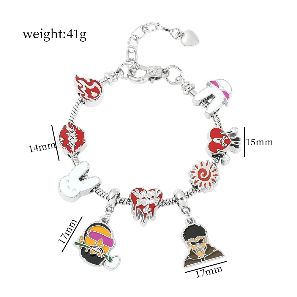 Rapper Bad Bunny Charms Bracelet for Fans Gift Bad Rabbit Love Heart Pendant Beads Bangle Bracelet for Women Jewelry Accessories