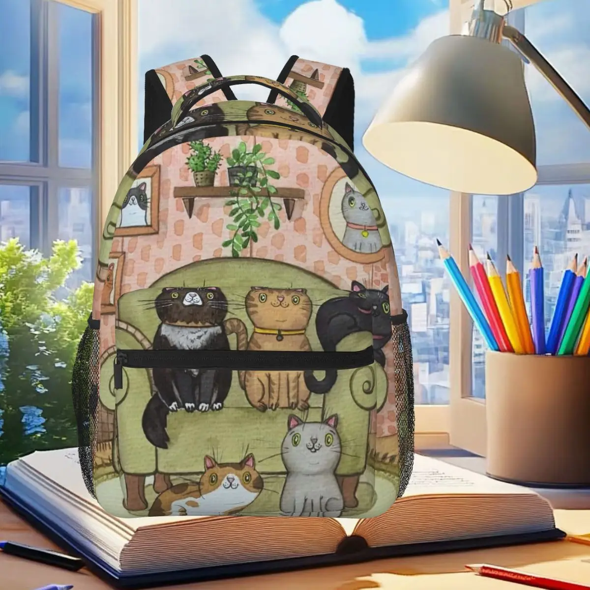 

Cartoon Various Cat In The Sofa Backpack Student Boys Girls BookBag Children School Bag Computer Shoulder Bags for Men Women