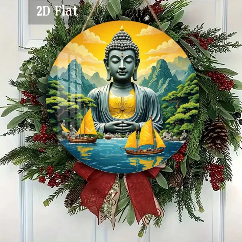 2D Flat - 1pc Serene Woodblock Printing Decoration, Golden Sunset Wooden Panel Wall Decoration, Tranquil Voyage Round Wooden Dec