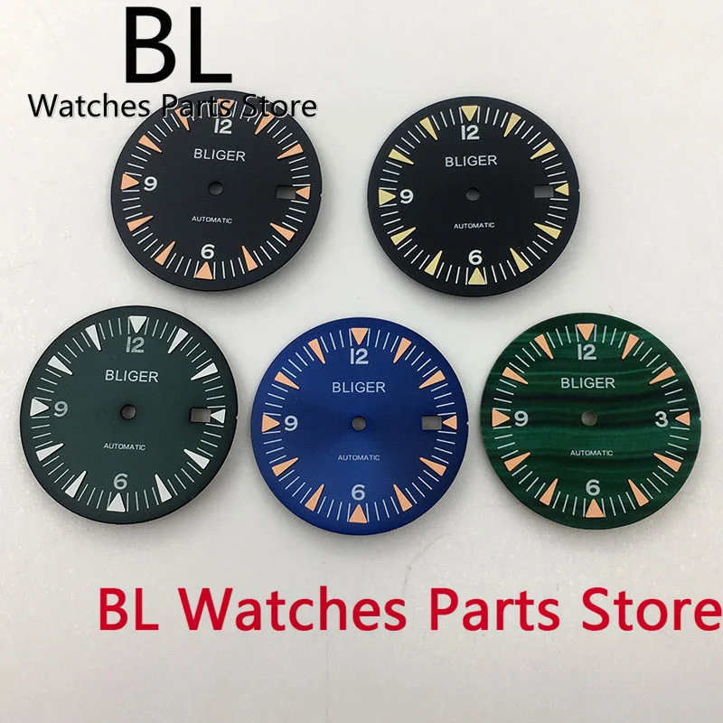 BLIGER 32mm Sterile Watch Dial Black Blue Green Orange Yellow White Time Marks Luminous For NH35 NH36 ETA Miyota Pt5000 Movement