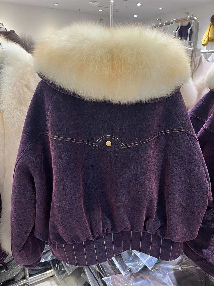 معطف الفرو الحقيقي فرو الثعلب الطبيعي سترة الشتاء الدافئة المرأة أوزة أسفل بطانة داخلية ملء الدافئة سروال قصير غير رسمي النسيج ملابس خارجية #6