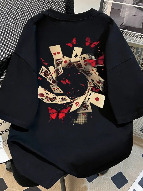 ルーズフィットピュアコットン半袖tシャツポーカープリントカジュアルトップス男性と女性用通気性快適な夏のベースシャツ