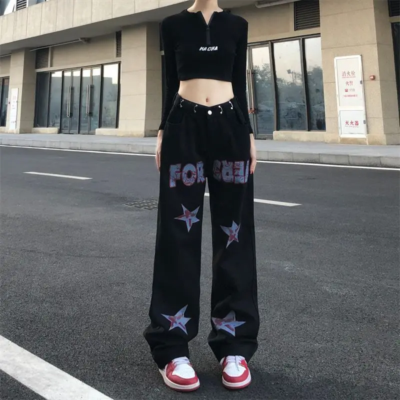 

Hip Hop Vintage Women Black Straight Jeans Spring Autumn New Streetwear Fashion High Waist Star Loose Y2k Casual Trousers 2023