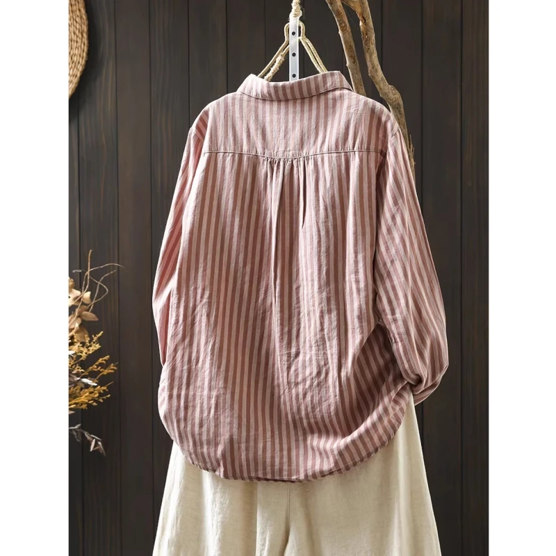 قميص قطني فضفاض بأكمام طويلة للنساء، نمط كاجوال، خطوط عمودية، طبقة مزدوجة، قميص ربيعي جديد فني غير رسمي