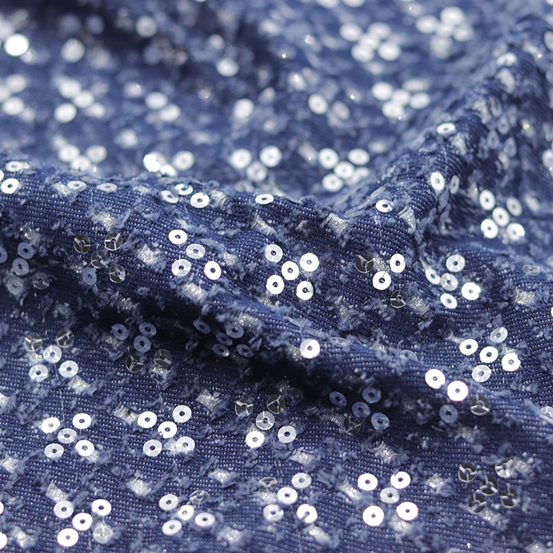 Water Washed Embroidered Denim Fabric Sequins Thickened for Coat Bag Pure Cotton Material Designer Diy Sewing Wholesale Cloth