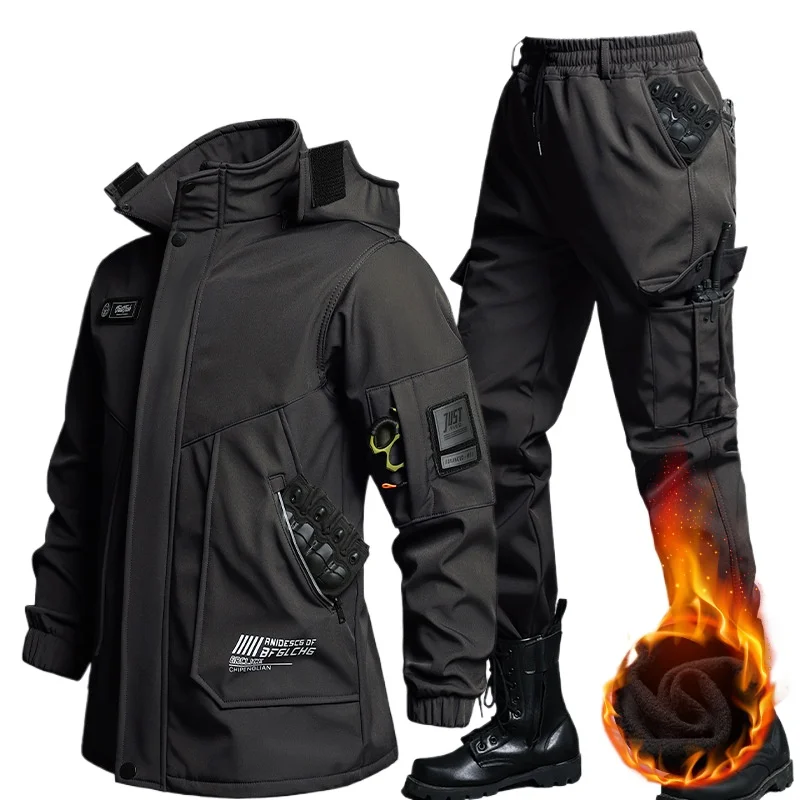 

Новый комплект уличной куртки и брюк 2025 года, на флисовой подкладке, утолщенный, водонепроницаемый и ветрозащитный, комплект теплой рабочей одежды