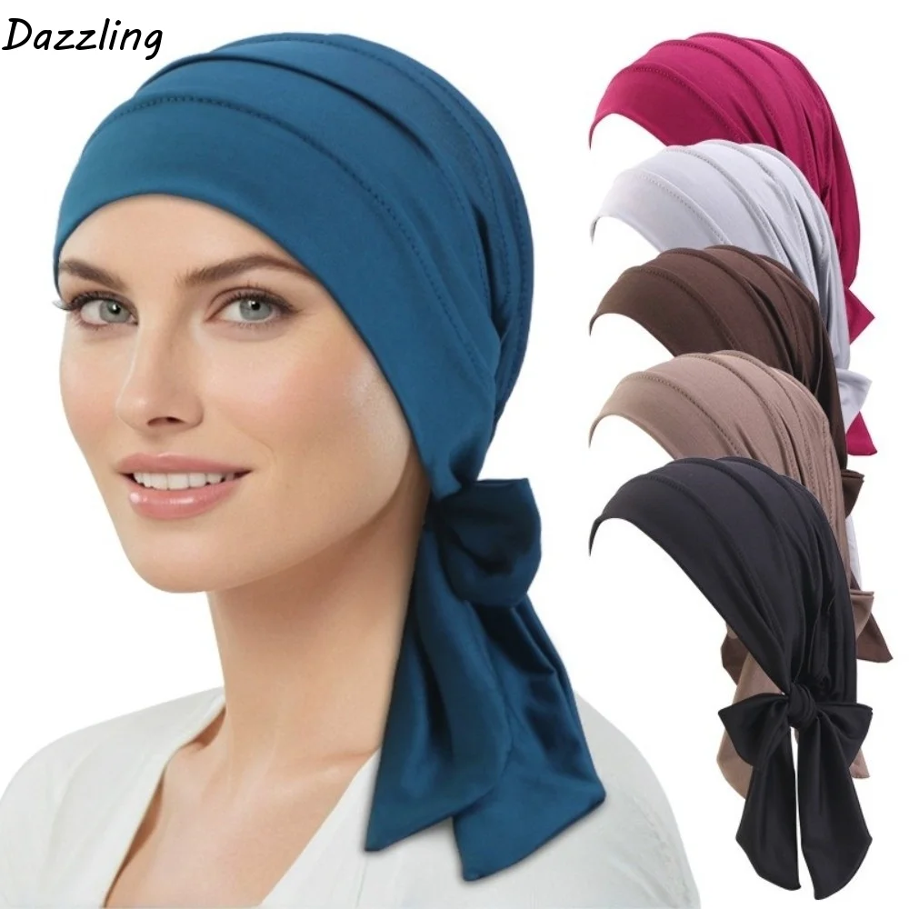 Arab Wrap Solid Color Headscarf Hat Long Tail Stretch Hijab Pre-Tied Breathable Chemo Hat Islamic Use