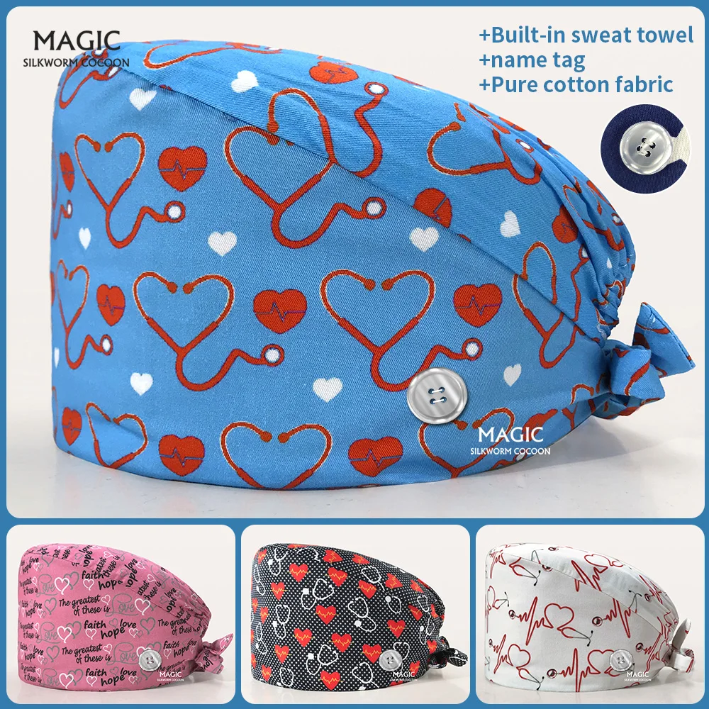 New Cotton Pet Hospital Doctor Work Hats Operating Room Medical Printed Sweat-absorbent Surgical Hats Dental Clinic Nursing Caps