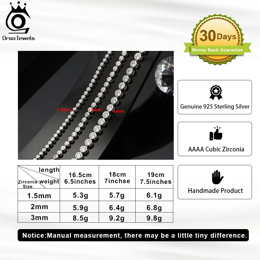 ORSA JEWELS 925 Sterling Silver Tennis Bracelet for Women 1.5/2/3mm Cubic Zirconia Handmade Chain Bracelets Party Jewelry SB143