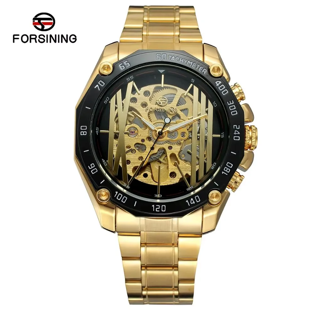 FORSINING Fashion Men's Watch Gold Stainless Steel Strap Business Watch Automatic Mechanical wrist Watch