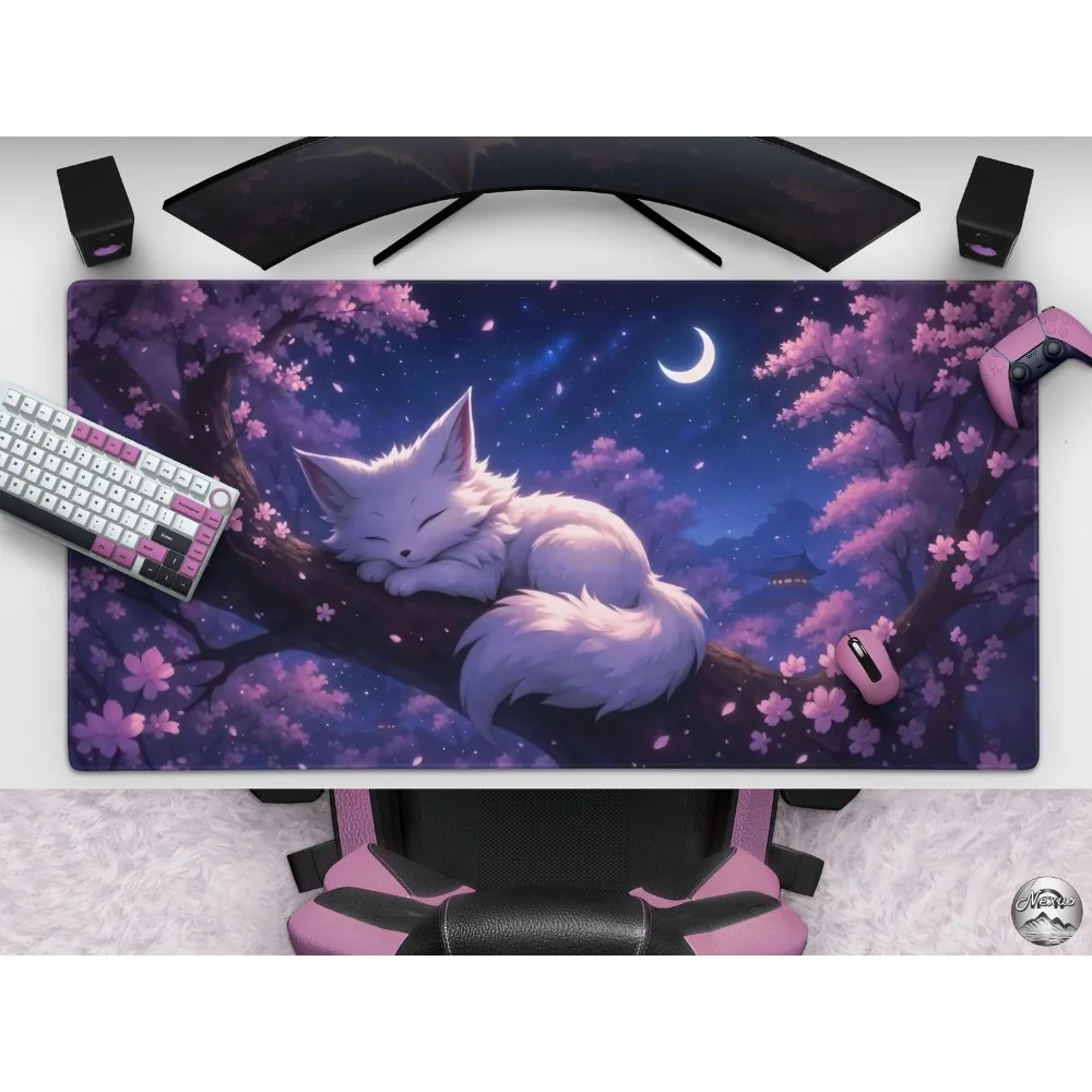 Kawaii White Fox Anime Mousepad With Cherry Blossoms, Cute Sakura Kitsune Desk Mat With Night Sky And Moon desk accessories
