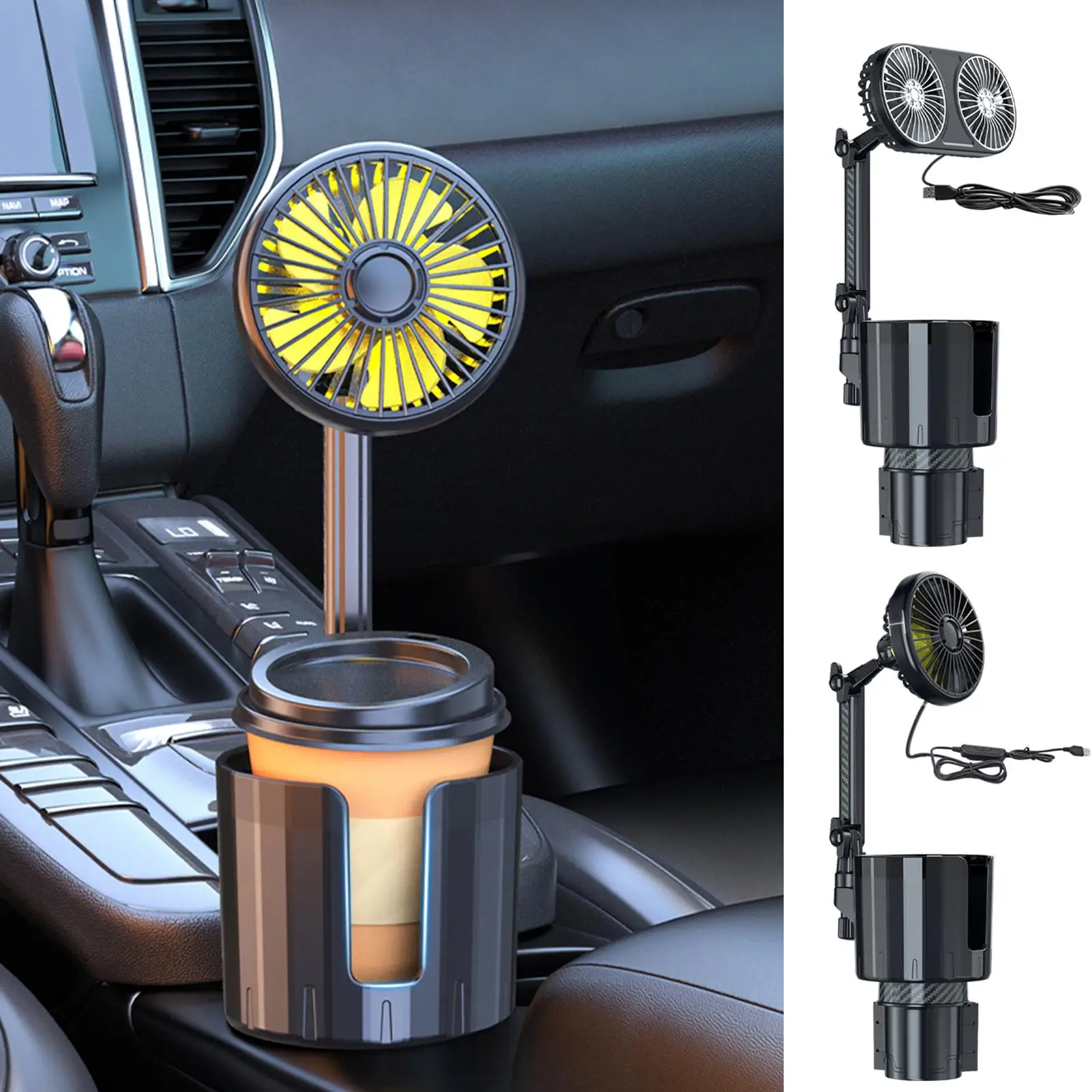 

Drinks Holders with Electric Fan, Car Water Cup Holder, 12V 24V Universal Interior Fan, Gear Adjustment with Atmosphere Light