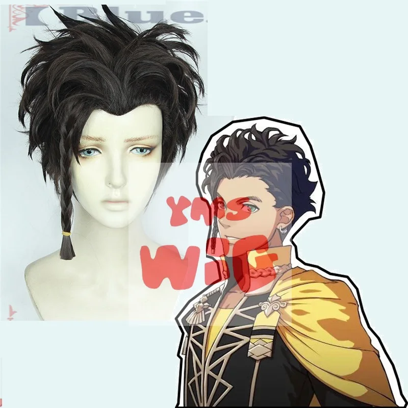 Juego Fire Emblem: ThreeHouses Claude von Regan Cosplay peluca fantasía batalla niños Cosplay peluca corta negra + gorro de peluca gratis
