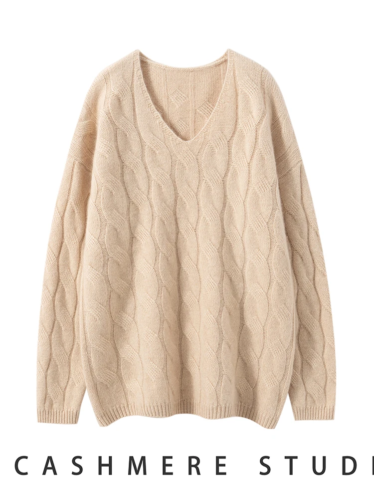 

TLOML Women's 100% Cashmere Sweater V-neck Thick Pullover Loose Cable Knit Cashmere Knitwear Autumn Winter Soft Warm Luxury Tops