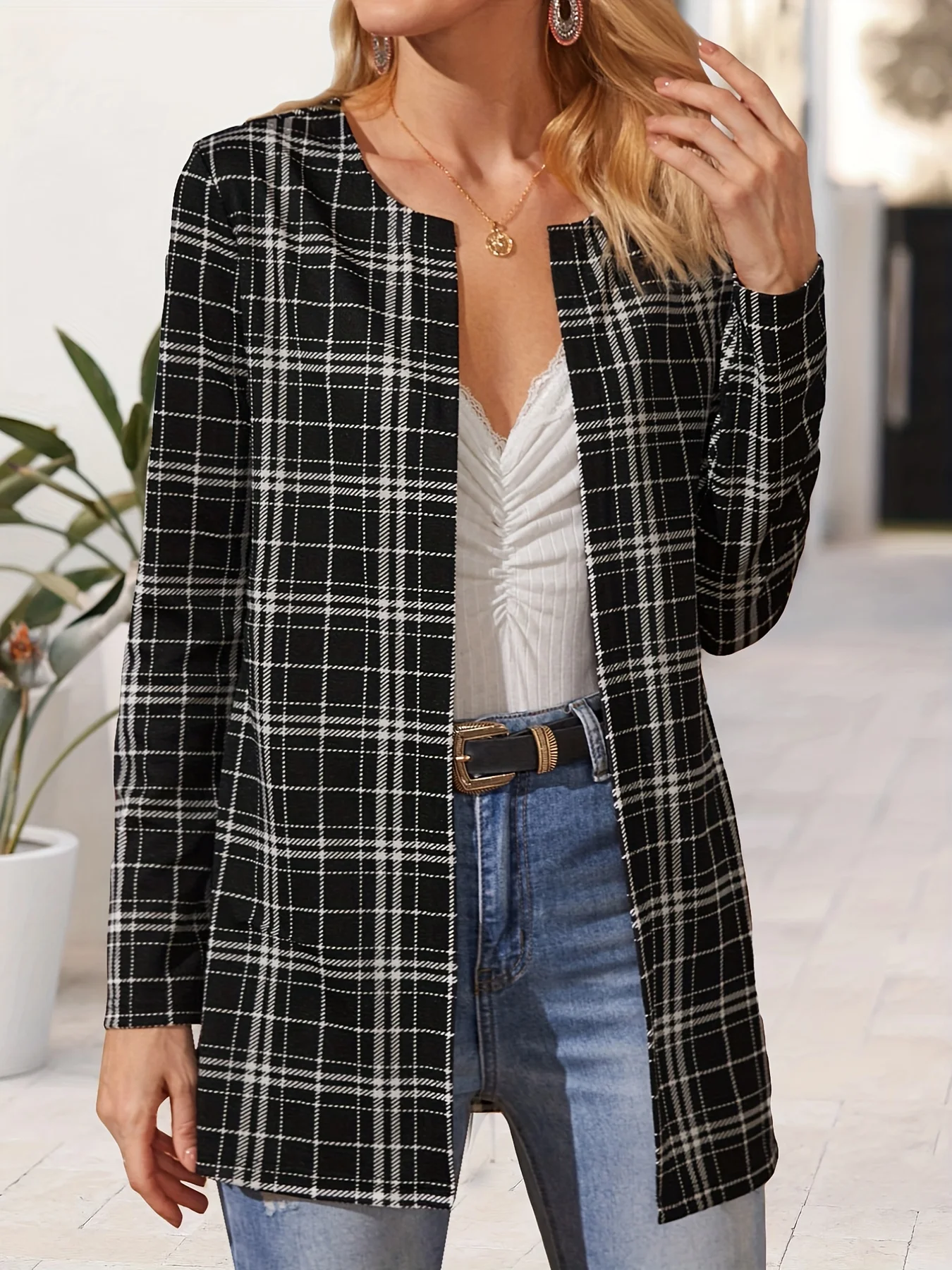 Women Fashion Plaid Printed Outerwear Casual Full Long Sleeve Jacket Coats Ladies Chic Outerwear Tops