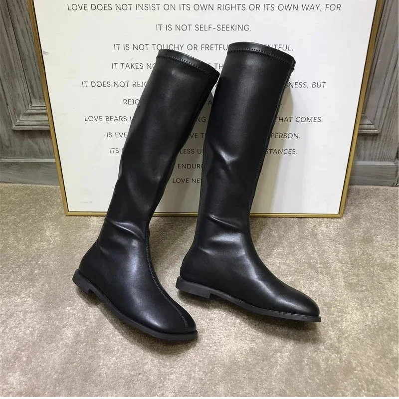 Street Style Stretch Women Knee High Boots Fashion Elegant Square Toe Shoes Women's Modern Flats Long Booties