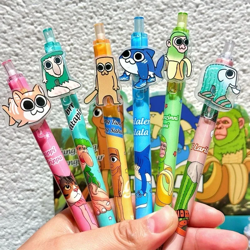 6pcs AI Brainrot Press Pen Set 0.5mm Black Gel Pens Kawaii Stationery Cartoon Anime Derivative Peripherals School Office Supplie