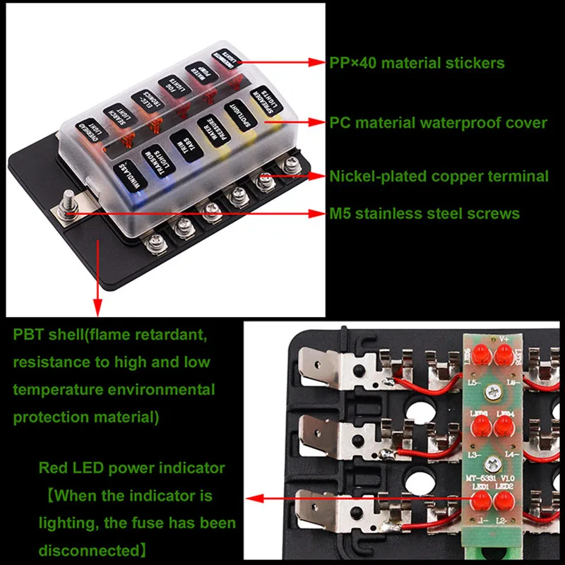 Universal Car 12 Ways Blade Fuse Box 6/8/10Way Terminal Block 12V 24V Fuse Holder Box Marine Auto Fuse Connector Switch With LED