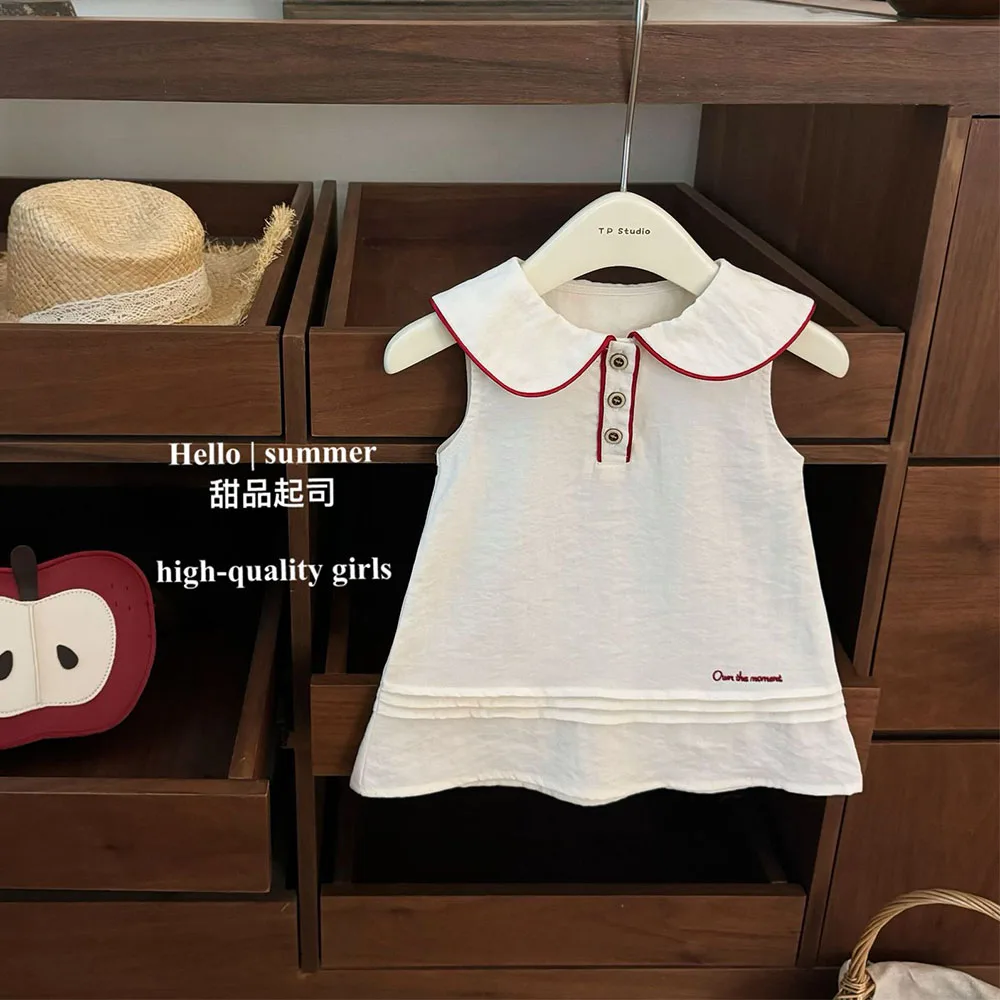 Girls Sleeveless Dress, White with Red Trim Peter Pan Collar Casual Fashion Sundress Button Front A-Line Summer Outfit for Kids