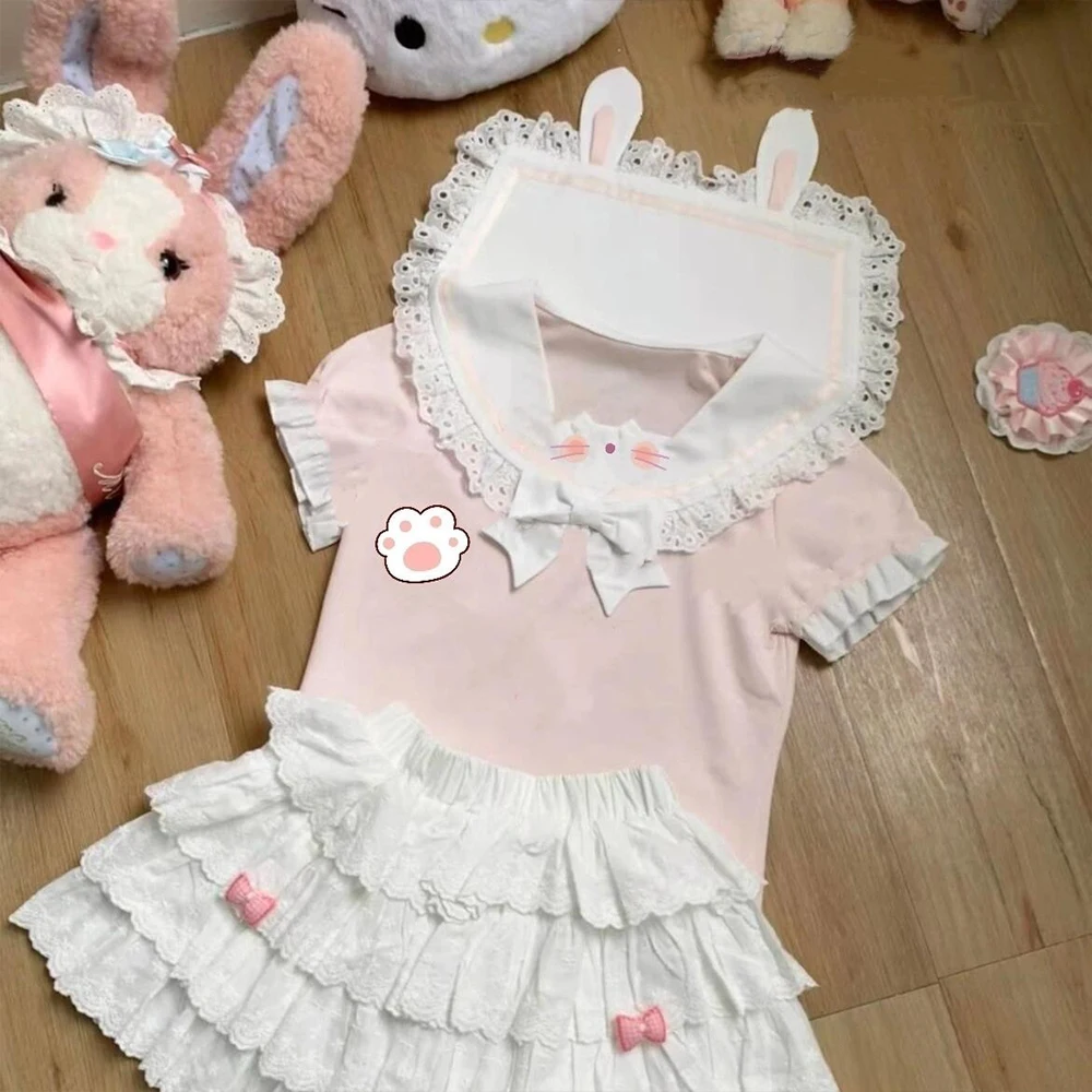 

Japanese Women'st-Shirt Sweet Lace Patch Sailor Collar Slim Fit Sweet Bow Cartoon Y2K Aesthetic Harajuku Cute Top Women's Casual