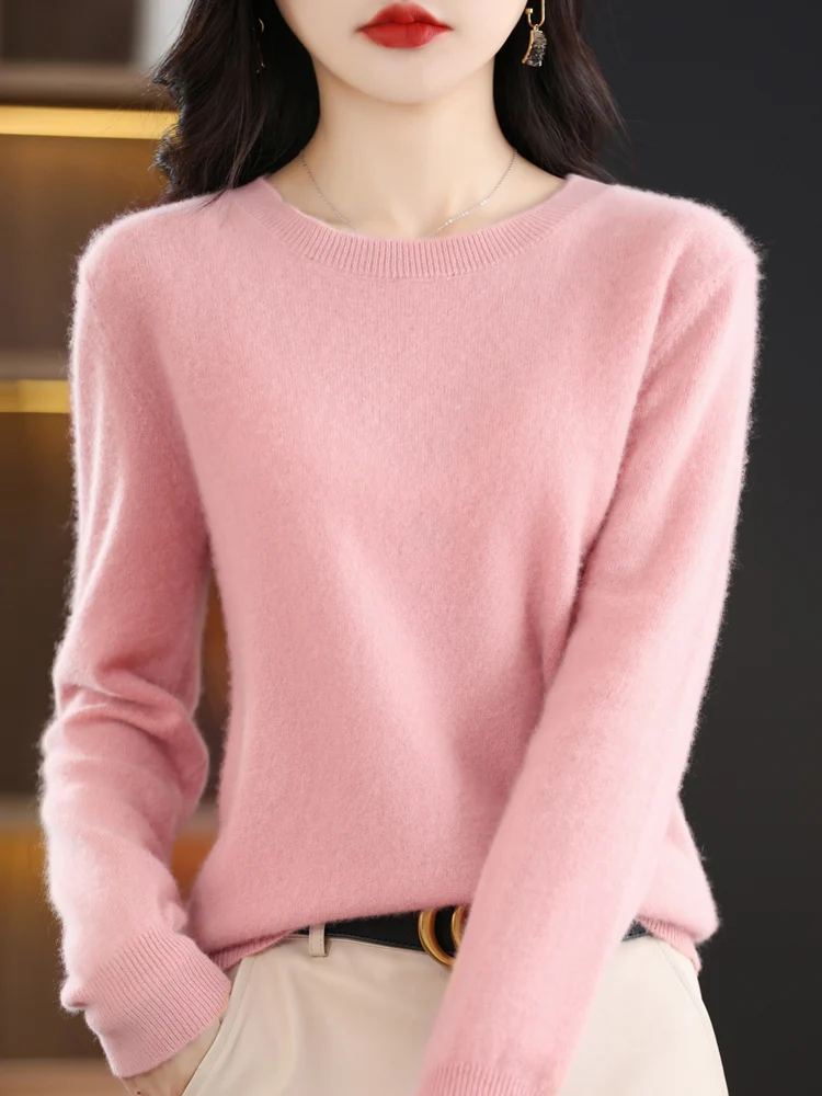 Autumn Winter Women O-Neck Pullover 100% Merino Wool Sweater Soft  Long Sleeve Cashmere Knitwear Solid Basic Style Korean Tops