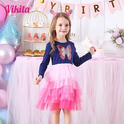 VIKITA Girls Butterfly Sequins Appliqued Dress Kids Long Sleeve Wedding Birthday Party Princess Dresses Girls Cake Tutu Dress