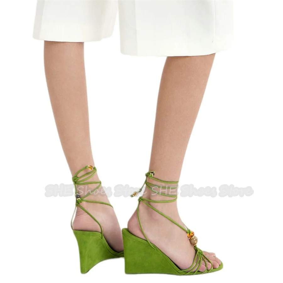 Roman Weaving Beaded T-Strap Wedge Sandals Women Square Toe Lace-Up High Heel Slippers Summer Arty Beach Wedding Dress Shoes