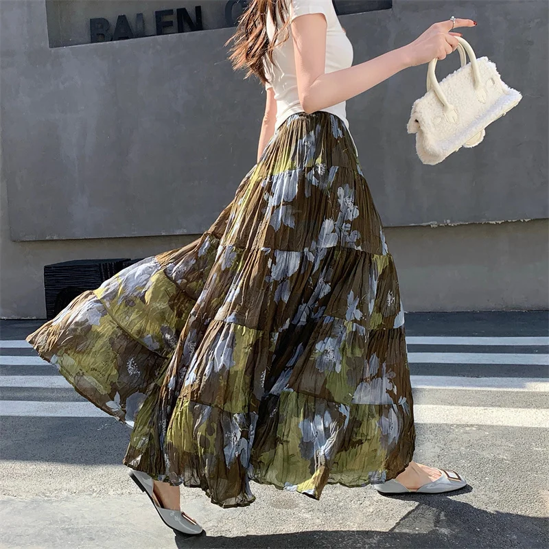 YZJNH 2026 Spring/Summer New Oil Painting Chiffon Fragmented Flower Skirt Women High Waist Elegant Large Swing A-line Cake Skirt