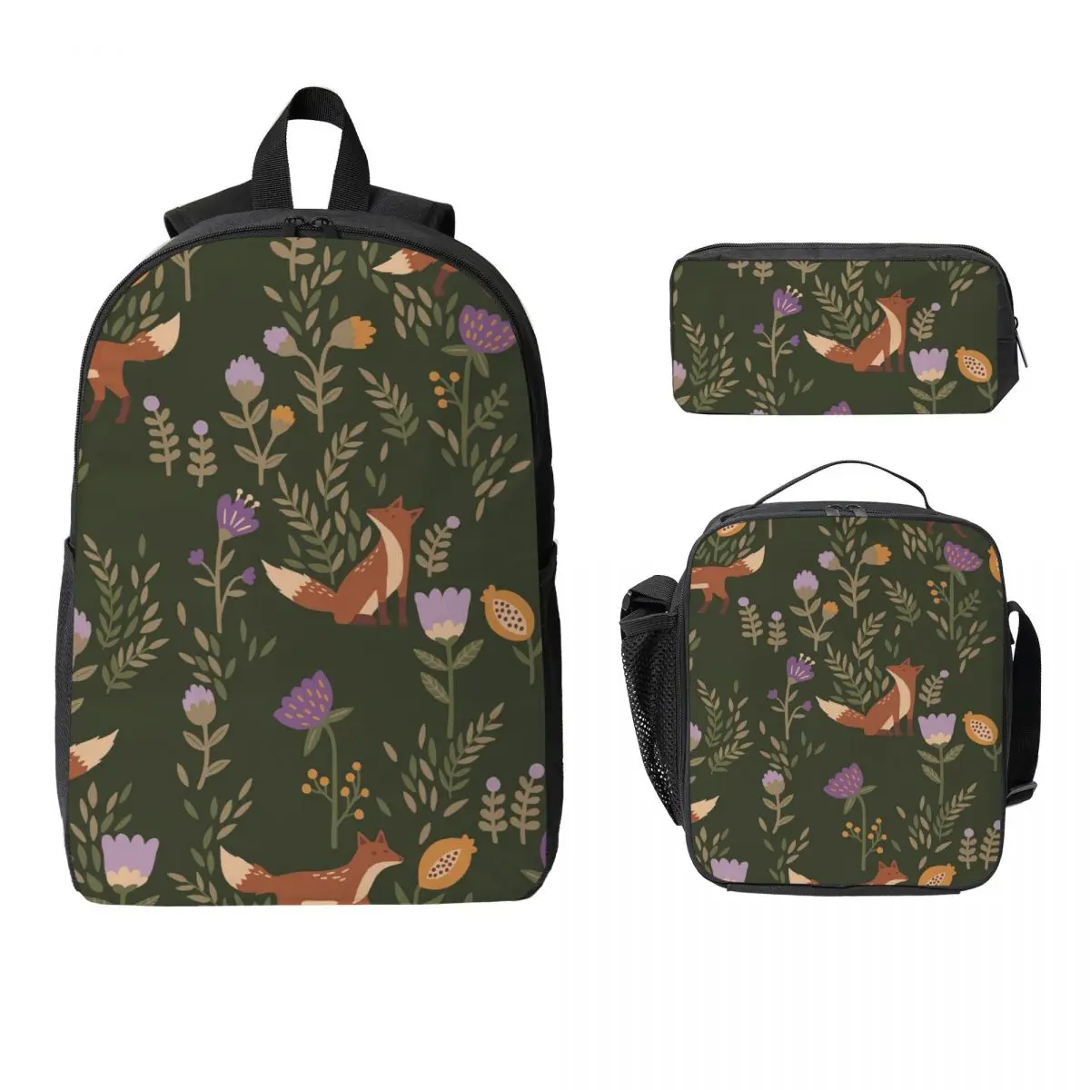 Cute Fox With Plant Pattern Backpack Boys Girls BookBag School Bag Laptop Shoulder Bags 3ps Insulated Lunch Bag Pencil Case