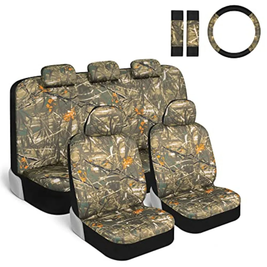 

Hunter Camo Car Seat Covers Full Set with Camo Steering Wheel Cover and Seat Belt Cover Pad Forest Camouflage Pattern Automotiv